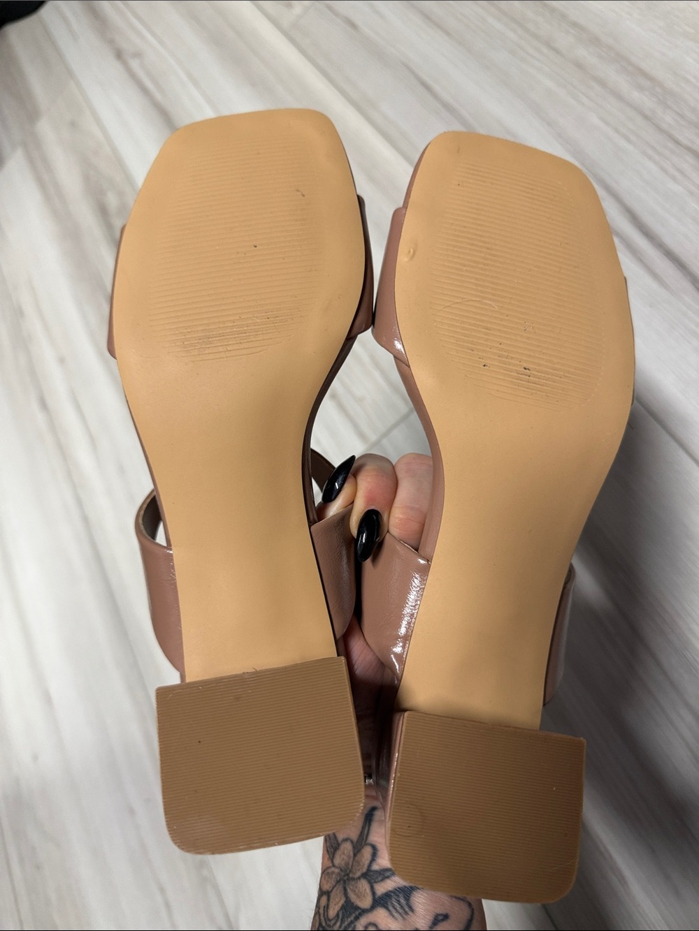Steve Madden Tan Brown Two-Strap Square Toe Kitten Block Heel - Picture 2 of 4